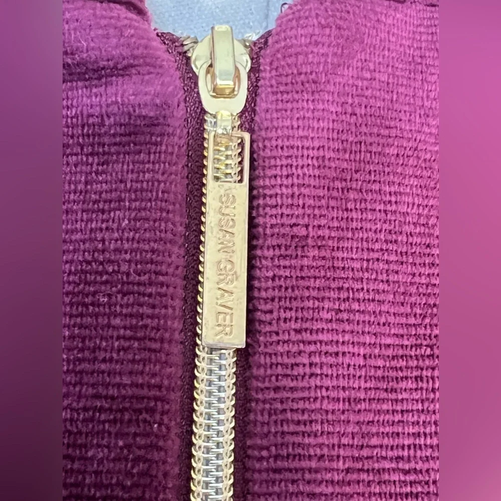 Susan Graver Velvet Burgundy Zip Up Hooded Sweater Jacket Cotton Size Large - Picture 7 of 13